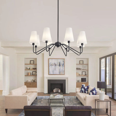Eight Light Black Farmhouse Chandelier With White Linen Shades in living room setting