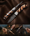 Handmade Damascus Pocket Folding Knife With Olive Wood Handle For EDC And Camping on leather background