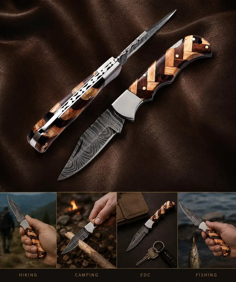 Handmade Damascus Pocket Folding Knife With Olive Wood Handle For EDC And Camping on leather background