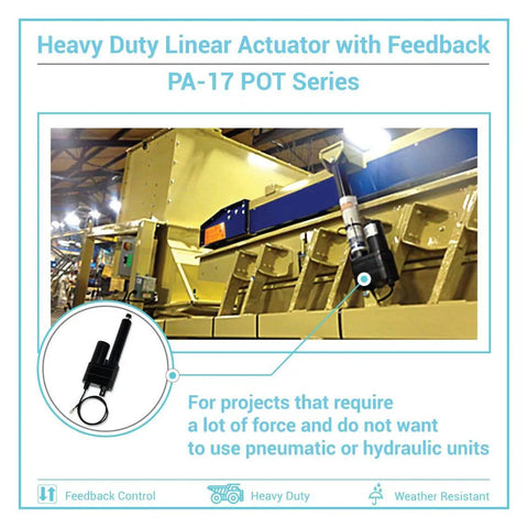12V Beefy Heavy Duty Linear Actuator With 12 Inch Stroke, 2000 Lbs Max Force, IP65 Sealed on industrial equipment with feedback potentiometer