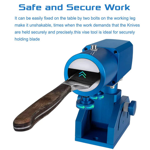 Three-Axis Blade Light Duty Workshop Knife Vise Tool With 360-Degree Swivel Base holding a knife