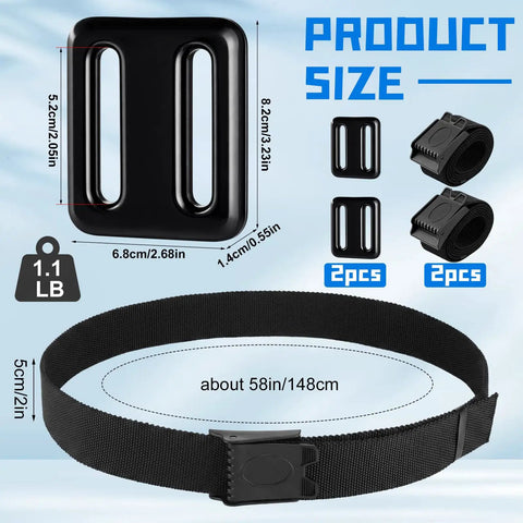 Daily 4 Piece Diving Buoyancy Kit With 2 Black Nylon Weight Belts And 2 Vinyl Coated Weights For Scuba Freediving And Spearfishing Precise Buoyancy Control Comfort Fit And Stable Underwater Balance, showing product size, weight belt and vinyl weight.