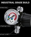 Tough Diaphragm Air Regulator With Analog Pressure Gauge For Hvlp Spray Guns And Compressors Dialing In Two To One Forty Psi features a solid metal body.