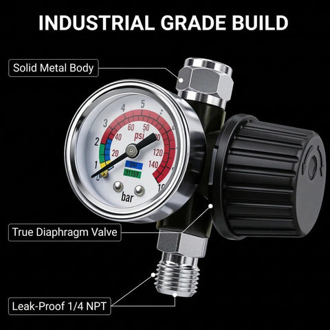 Tough Diaphragm Air Regulator With Analog Pressure Gauge For Hvlp Spray Guns And Compressors Dialing In Two To One Forty Psi features a solid metal body.