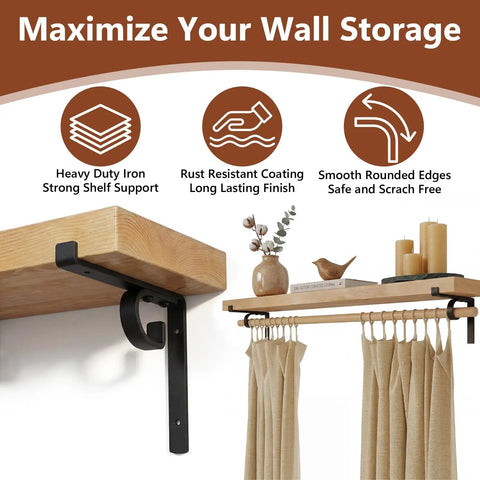 Two Pack Heavy Duty Shelf Brackets With Curtain Rod Holder 6 x 6 Inch Black Iron Wall Mount Supports For Curtains, Shelves