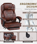 Big And Tall Office Chair With Foot Rest, Ergonomic High Back PU Leather Reclining Desk Chair For Heavy Folks, Wide Seat, Lumbar Support, Executive Brown, featuring ergonomic design and lumbar support details.