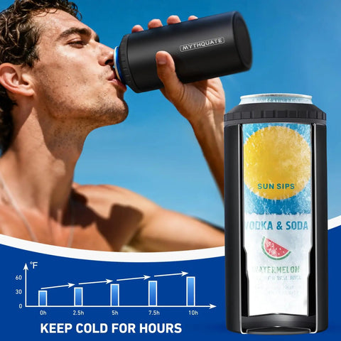 Person using 3 In 1 Slim Can Cooler For 12 Oz Skinny Cans Regular Cans And Beer Bottles Keeps Drinks Cold Up To 6 Hours With Double Walled Stainless Steel Vacuum Insulation No Sweat Matte Black Finish outdoors