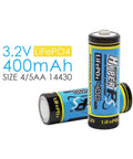 Four Pack LiFePO4 3.2V 14430 Rechargeable Batteries 400mAh 14 By 43mm 4 To 5 AA Size batteries stacked