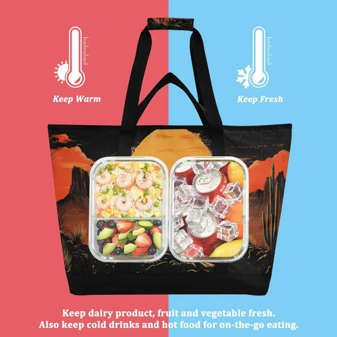Reusable Western Desert Cowboy Style Insulated Cooler Bag with meals inside showcasing temperature control feature.