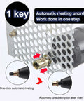 Automatic rivet tool demonstrating one-click rivet insertion on metal sheet using the Badass Heavy Duty Cordless Electric Rivet Gun.