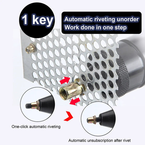 Cordless Electric Rivet Nut Gun Powered By A Brushless Motor And Rechargeable Battery Includes A Kickass Wrench for automatic riveting process.