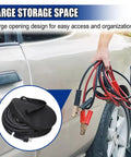 16 Inch Round Cable Organizer Bag For EV Cords And Jumpers, Waterproof 600D Oxford Storage Case shown beside car with cables.