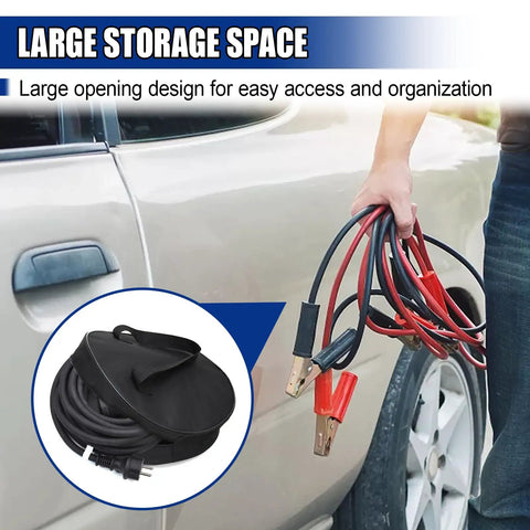 16 Inch Round Cable Organizer Bag For EV Cords And Jumpers, Waterproof 600D Oxford Storage Case shown beside car with cables.