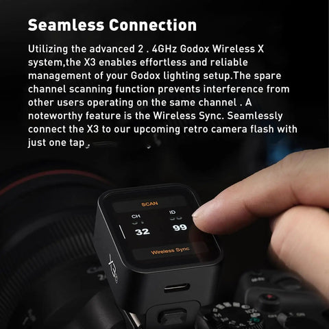 Close-up of X3 C TTL Wireless Flash Trigger for Canon Cameras with 2 4G Connectivity OLED touchscreen and control button.