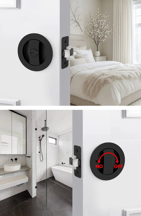 Matte Black Round Pocket Door Lock Set For Two One Eighth Inch Bore on bedroom and bathroom doors, reversible latch shown