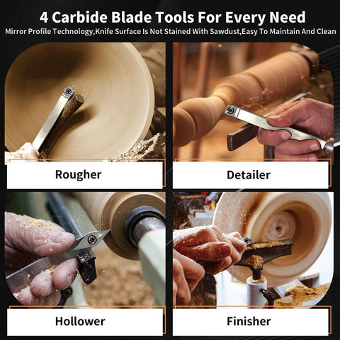 Carbide lathe tool inserts set for woodturning; 35-piece with square, round and diamond shapes plus 12 screws (Amazon).
