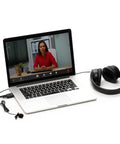 Compact USB Audio Interface For 3.5mm Mics With TRS And TRRS Plug In Power connected to laptop and headphones