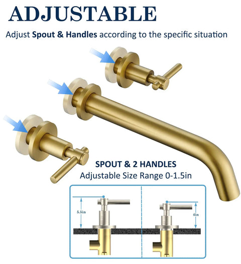 Two Handle Widespread Wall Mount Bathtub Faucet In Brushed Gold Solid Brass Tub Faucet With 3 Hole Rough In Valve And 9.8 Inch Spout