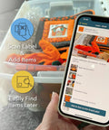 QR Code Sticker Pack For Storage And Inventory Tracking 48 Labels Color Coded System With App showing phone scanning labeled storage box