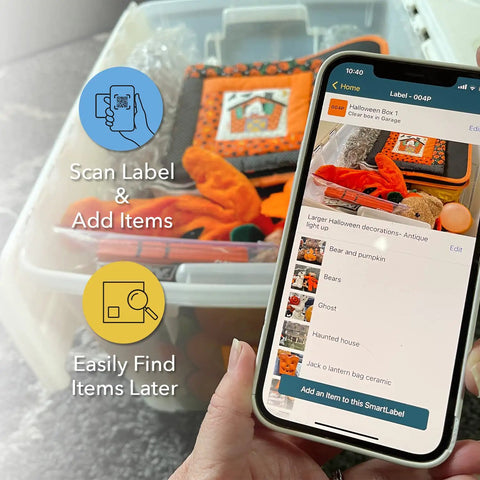 QR Code Sticker Pack For Storage And Inventory Tracking 48 Labels Color Coded System With App showing phone scanning labeled storage box