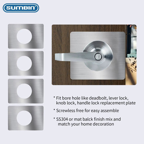 Door Reinforcement Plate Kit 4 Pcs Stainless Steel SS304 Backplate For Knob And Deadbolt Repair on wooden door with handle.