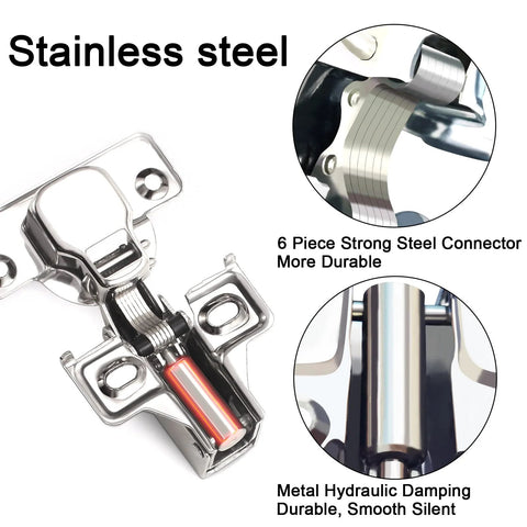Front view of stainless steel 1/2 inch overlay soft-close cabinet hinges with drilling tool (24-pack)