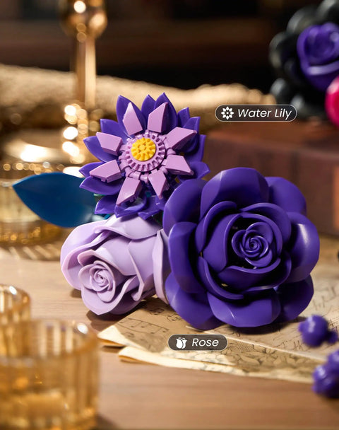 Purple Rose Bouquet Building Kit For Adults And Women, Lifelike 12 Piece Floral Set For Gothic Modern Home Decor, Ideal Mothers Day Gift For Mom Girlfriend Wife, Office Table Centerpiece And Cozy Room Accent, purple plastic water lily and rose