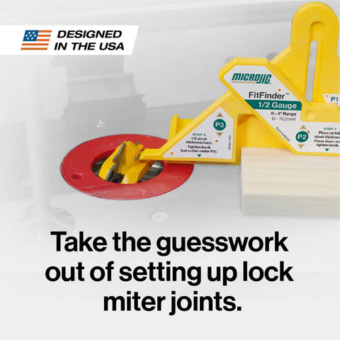 Grab This Knockout Lock Miter Router Bit For Flawless Woodworking Joints With Zero Sweat Setup And A Pro Grade Half Inch Shank That Guarantees Dead On Cabinet Alignment Every Single Project, shown with gauge setup.
