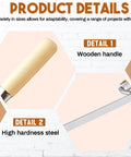 Pro Grade Three Piece Tuck Pointing Trowel Set With Wood Handle showing wooden handle and high hardness steel blade details.