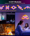 Montage of hexagon RGB LED wall panels lights for game room and bedroom, showcasing color changing honeycomb panels in various setups.