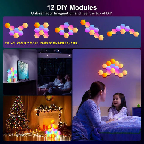 Montage of hexagon RGB LED wall panels lights for game room and bedroom, showcasing color changing honeycomb panels in various setups.