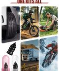 Universal Car Tire Repair Kit With 50 Heavy Duty Rubber Strips Screw In Tool And Two Tubes Sealant Glue showing tires, tools, and action shots.