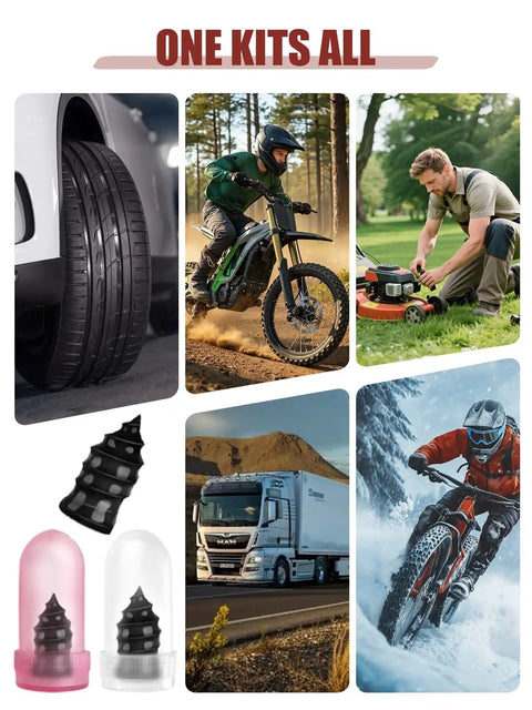 Universal Car Tire Repair Kit With 50 Heavy Duty Rubber Strips Screw In Tool And Two Tubes Sealant Glue showing tires, tools, and action shots.