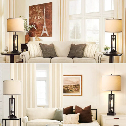 Tall Farmhouse End Table Lamps With Built In Outlets And USB Ports, Rustic Industrial Style Lighting For Living Room Or Bedroom setup
