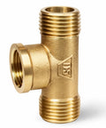 Brass 1/2 in pipe tee fitting, front view, two male ends and one side 1/2 in female thread