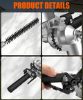 Close-up details of 16 Inch Hedge Trimmer Attachment with 180 Degree Adjustable Head and Heavy Duty Dual Action Blade for gas trimmers.