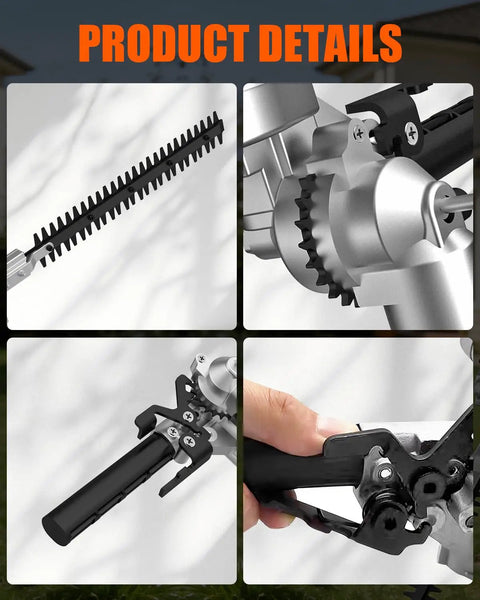 Close-up details of 16 Inch Hedge Trimmer Attachment with 180 Degree Adjustable Head and Heavy Duty Dual Action Blade for gas trimmers.