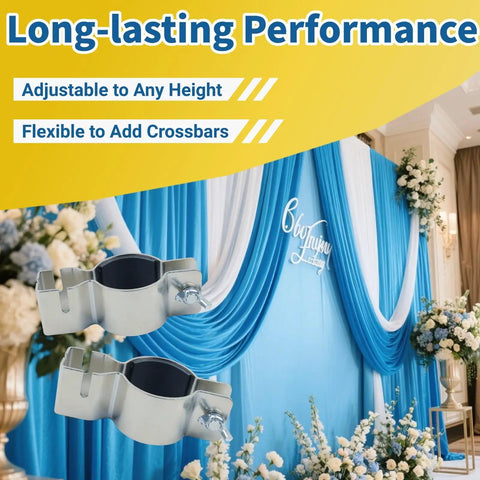 Two Pack Adjustable Pipe And Drape Clamps For 1.5 To 2 Inch Brackets Backdrop Stand shown installed on a wedding backdrop setup