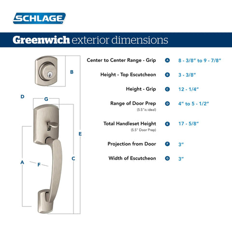 Greenwich Exterior Half Single Cylinder Handleset In Matte Black With Deadbolt Exterior Door Grip dimensions guide with measurements