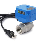 1 Inch Motorized Ball Valve With 110 VAC Plug, NSF Certified 304 Stainless Steel, Auto Return, Normally Closed, in blue housing