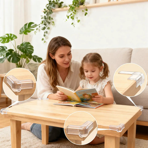 12 Pack Clear Corner Protectors Baby Proof Furniture Edge Bumpers on wooden table protecting toddler during reading time.