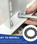 Installing External Tooth Lock Washers M4 Serrated Locking Washers, Carbon Steel Heavy Duty Fasteners on equipment.