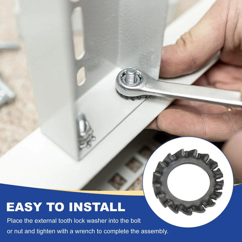 Installing External Tooth Lock Washers M4 Serrated Locking Washers, Carbon Steel Heavy Duty Fasteners on equipment.