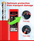 Image of Ten Piece SDS Plus Drill Bit Set with red packaging and carbide tipped bits, showing storage in tool bag and tool case.