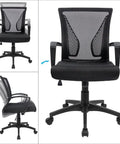 Ergonomic Mesh Office Chair With Dual Lumbar Support, Mid Back, Swivel Desk Chair With Armrests, Black Finish, front and side view
