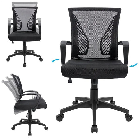 Ergonomic Mesh Office Chair With Dual Lumbar Support, Mid Back, Swivel Desk Chair With Armrests, Black Finish, front and side view