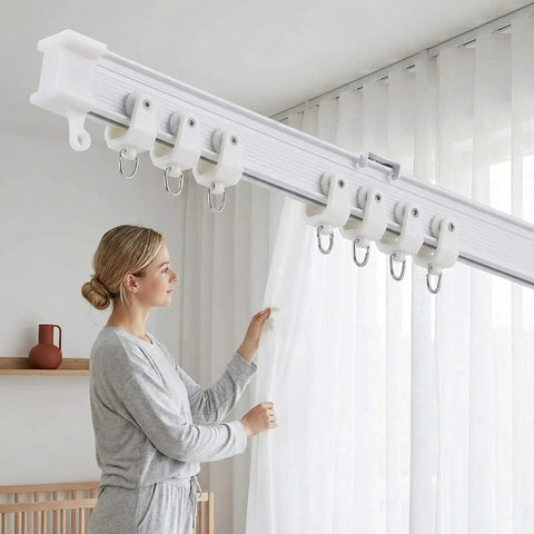 Flexible Bendable Ceiling Curtain Track 5 Meters Long For Room Dividers Window Treatments Shower Stalls RVs And Trailers A Dope Versatile Multi Purpose Ceiling Track For Curtains That Fits Any Layout installed with white curtains