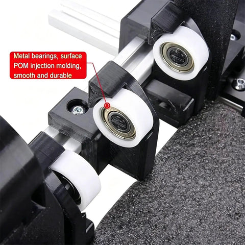 Close-up of Pro Level Manual Box Folding Tool With Adjustable Slider, showcasing durable POM rollers and metal bearings.