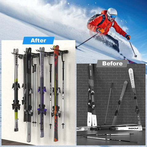 48 Inch Ski Rack Wall Mount With Hella Heavy Duty Holders For Garage And Shed Featuring Grippy Rubber Clamps Holds 12 Pairs Skis Snowboards on wall.
