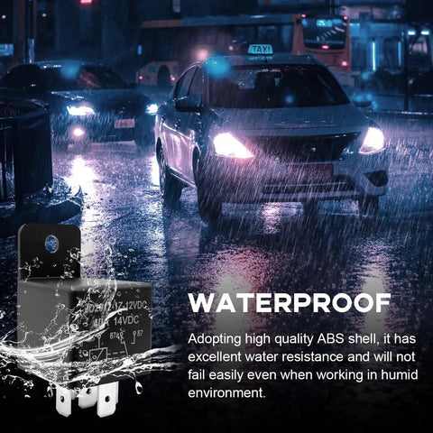Road Hardened 2 Pack 5 Pin Car Relay 40 Amp 12 Volt Universal Auto Switch With Lightning Fast Response Plug And Play Setup For Trucks Boats And Daily Rides displayed in rain, highlighting waterproof features.